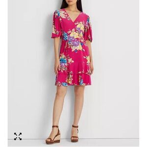 LRL Wrap Dress Womens 16 Pink Multi Floral Print Ruffle V-Neck Feminine Resort